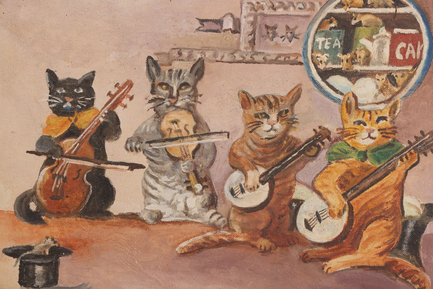 Lot 059 - Vintage Oil On Board Painting Of Anthropomorphic Cats Playing Musical Instruments, Signed A. Richards, “From Print”
