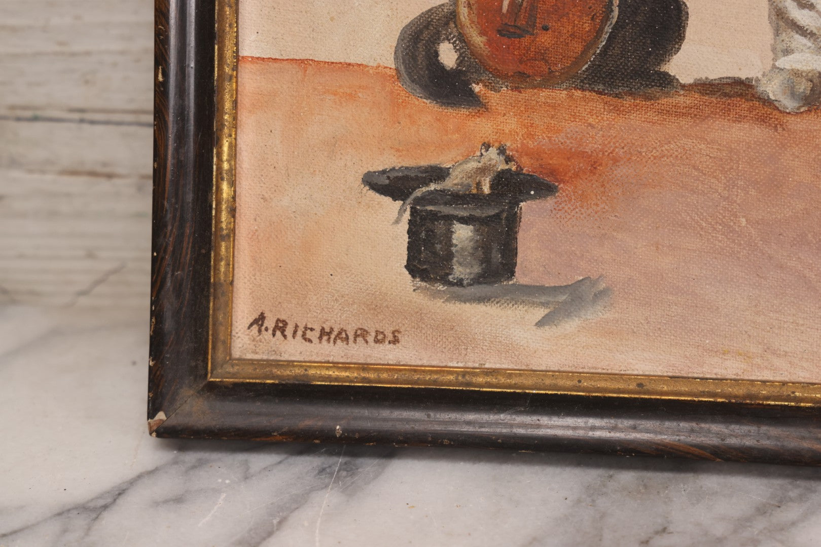 Lot 059 - Vintage Oil On Board Painting Of Anthropomorphic Cats Playing Musical Instruments, Signed A. Richards, “From Print”