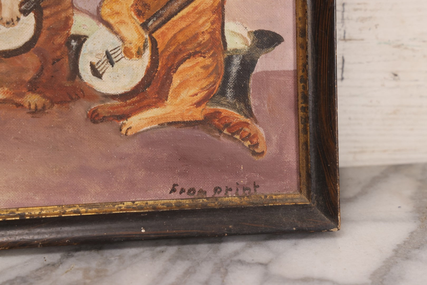 Lot 059 - Vintage Oil On Board Painting Of Anthropomorphic Cats Playing Musical Instruments, Signed A. Richards, “From Print”