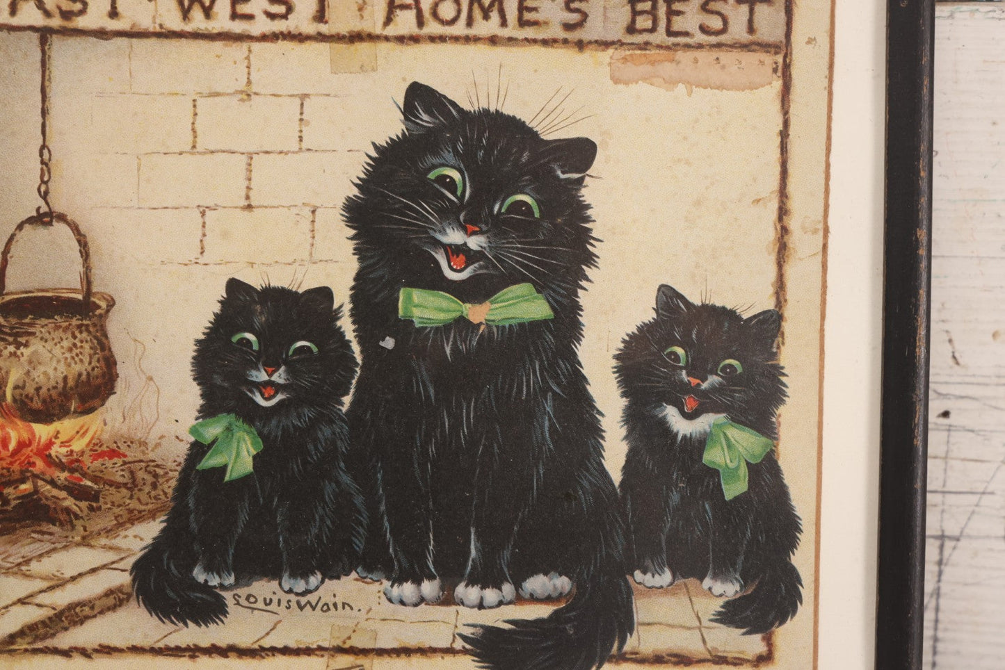 Lot 063 - Antique Framed Chromolithograph Print “East West Home's Best” With Three Cats, After Louis Wain, Raphael Tuck & Sons No. 5560