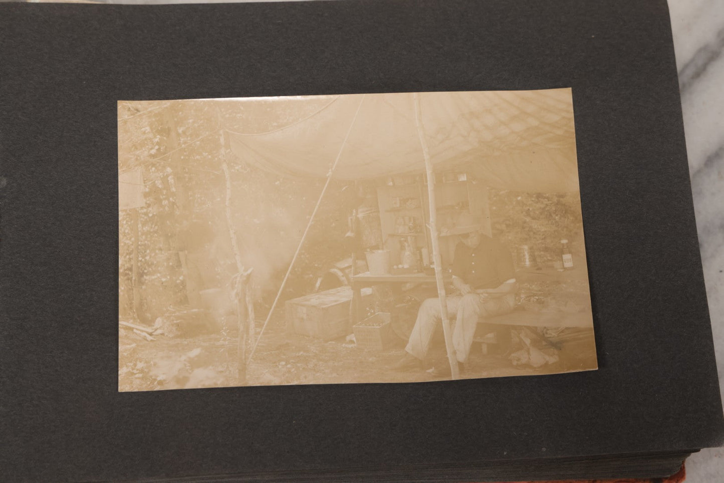 Lot 068 - Antique "Ward's Album For Unmounted Photographs" With 50+ Images Circa 1895-1910 Depicting Camping Trip With Campsite, Tent, Equipment, Lakes, Mountains, Canoes, Bicycle, Camera, And Piglets
