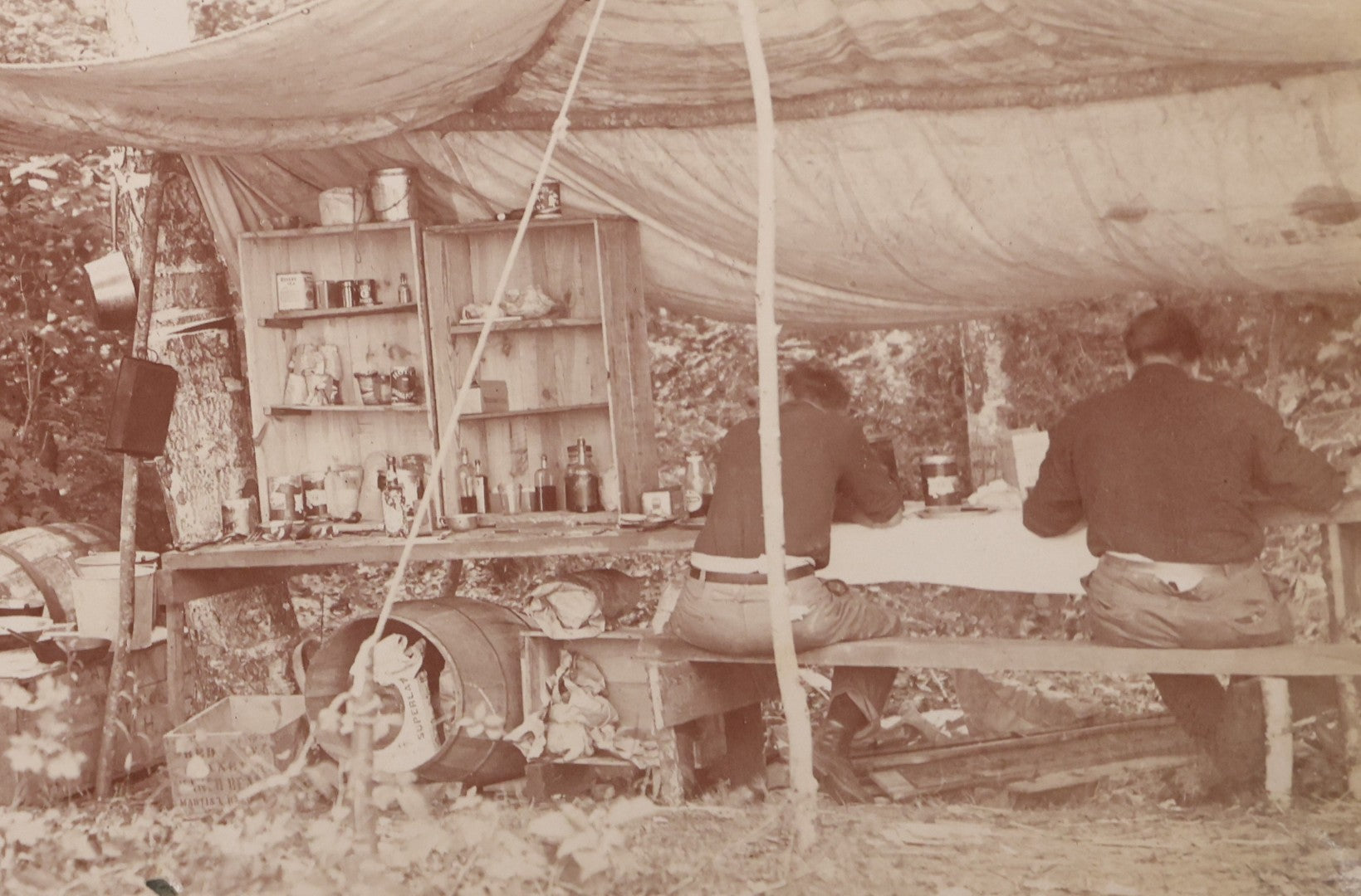 Lot 068 - Antique "Ward's Album For Unmounted Photographs" With 50+ Images Circa 1895-1910 Depicting Camping Trip With Campsite, Tent, Equipment, Lakes, Mountains, Canoes, Bicycle, Camera, And Piglets