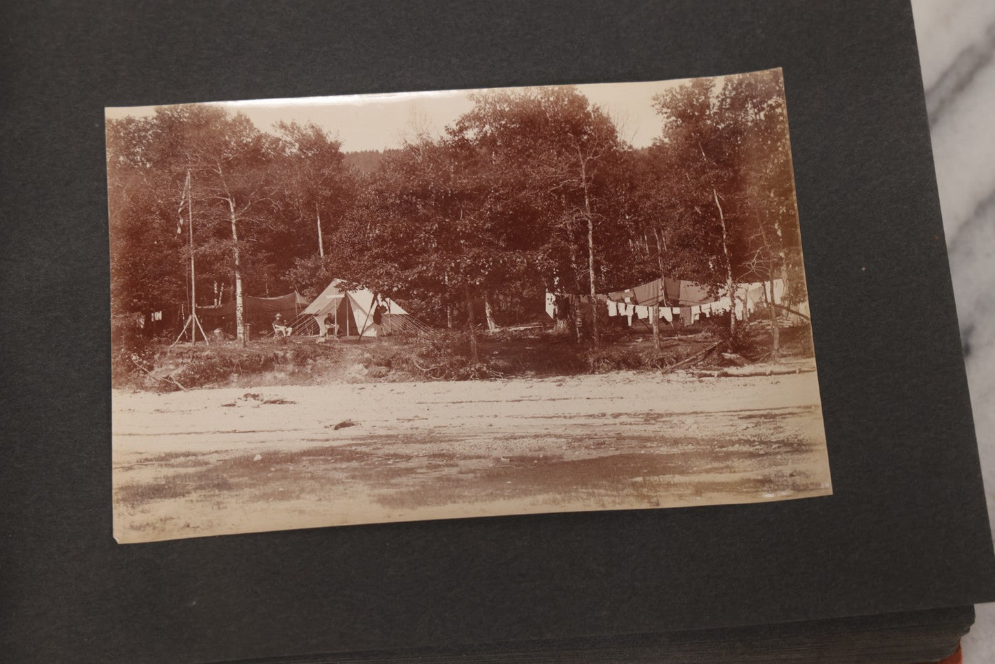 Lot 068 - Antique "Ward's Album For Unmounted Photographs" With 50+ Images Circa 1895-1910 Depicting Camping Trip With Campsite, Tent, Equipment, Lakes, Mountains, Canoes, Bicycle, Camera, And Piglets