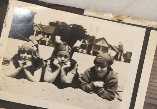 Lot 069 - Antique Snapshot Photograph Album With 100+ Images Circa 1920-1930 Including Beach Scenes In Period Swimwear, Cats And Kittens, Young Boy With American Flag, And Mechanic Working On Early Automobile