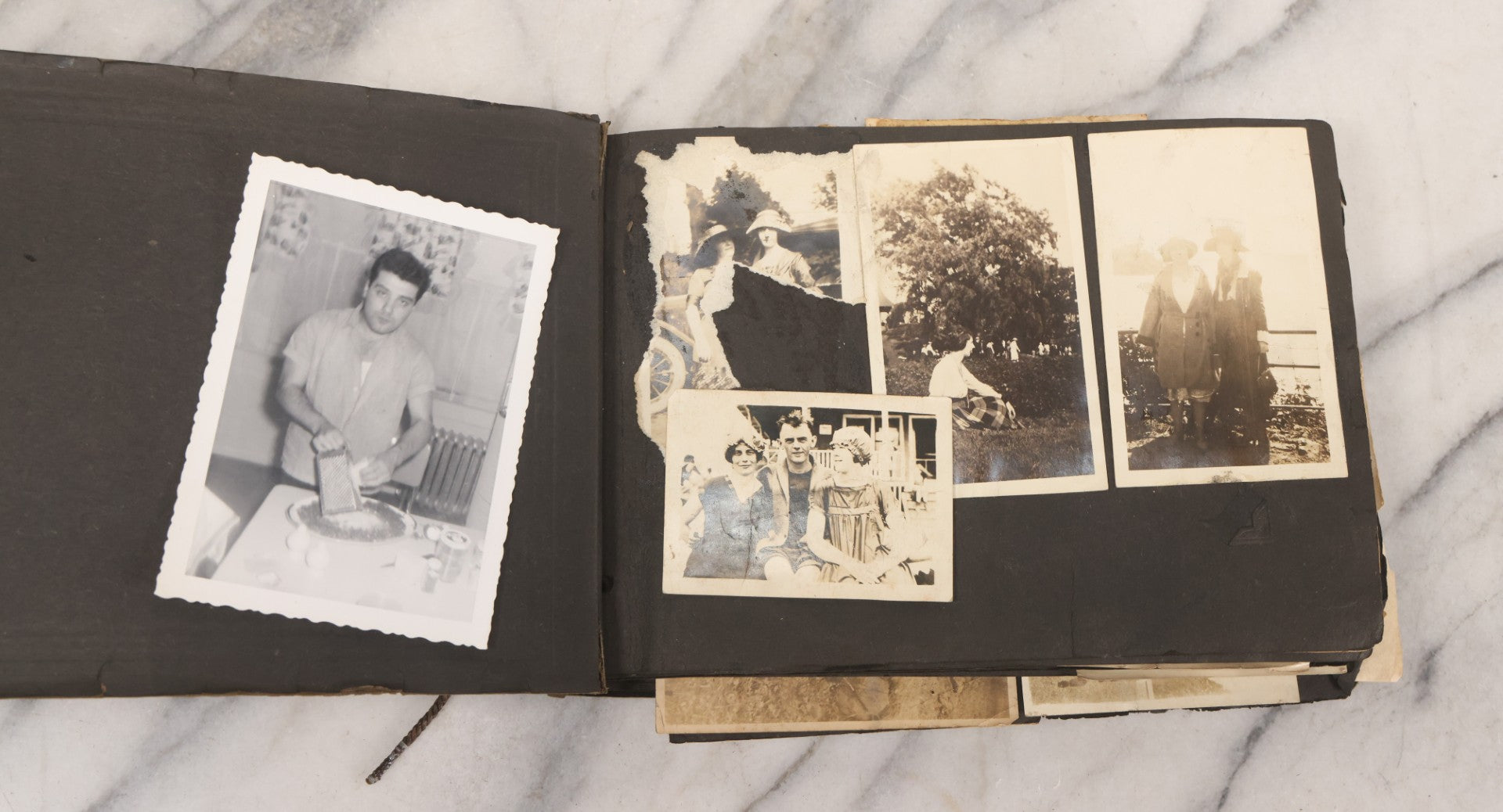 Lot 069 - Antique Snapshot Photograph Album With 100+ Images Circa 1920-1930 Including Beach Scenes In Period Swimwear, Cats And Kittens, Young Boy With American Flag, And Mechanic Working On Early Automobile