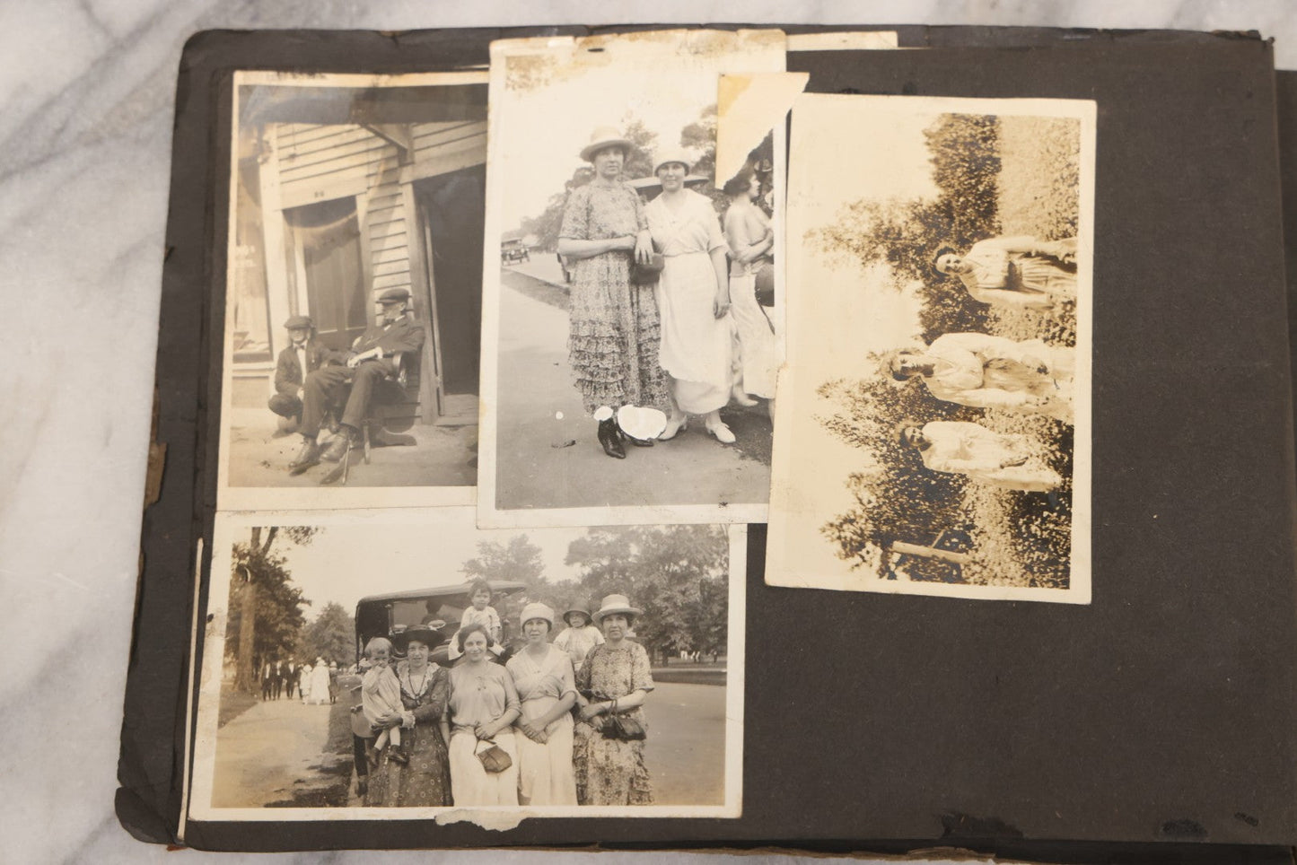 Lot 069 - Antique Snapshot Photograph Album With 100+ Images Circa 1920-1930 Including Beach Scenes In Period Swimwear, Cats And Kittens, Young Boy With American Flag, And Mechanic Working On Early Automobile