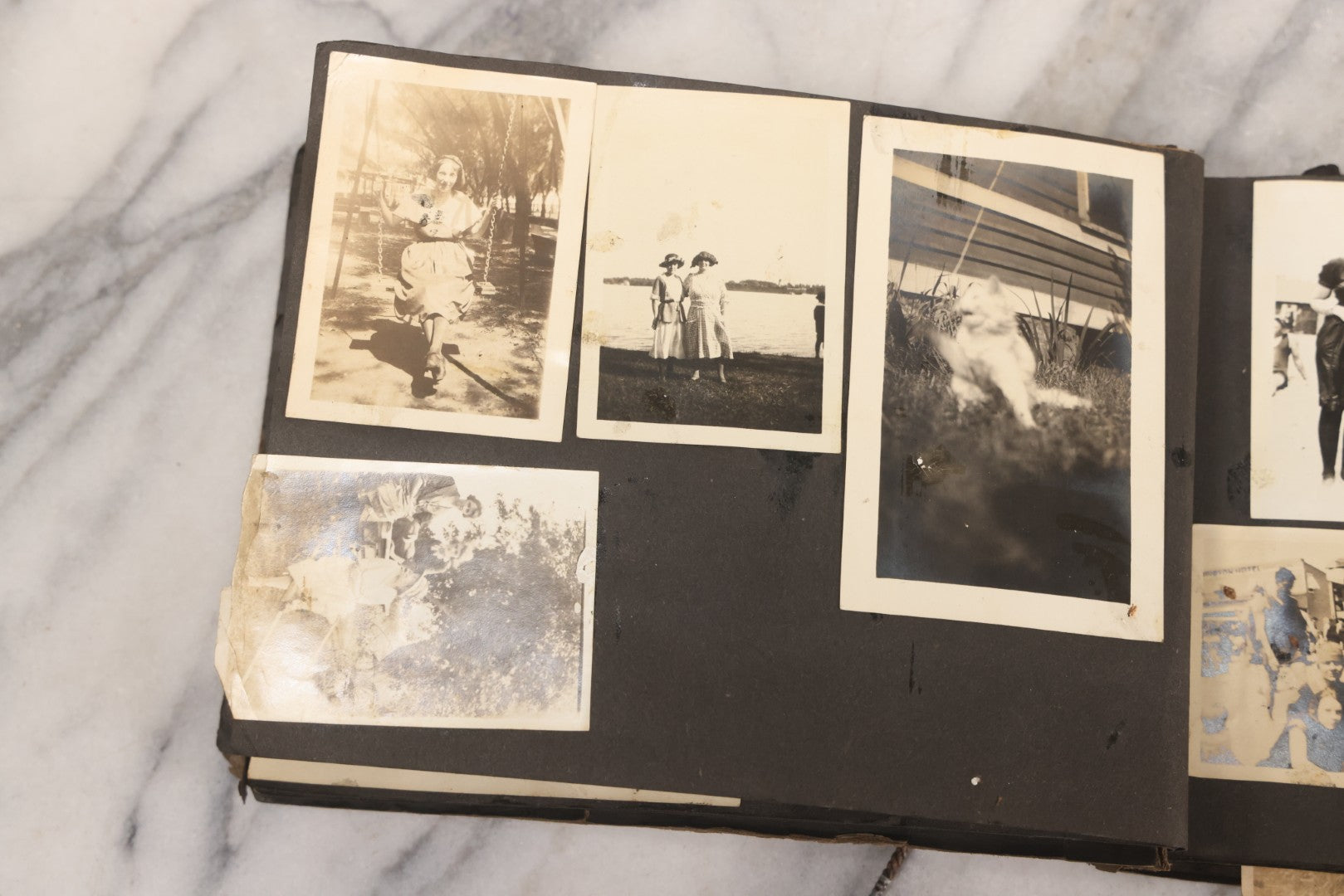 Lot 069 - Antique Snapshot Photograph Album With 100+ Images Circa 1920-1930 Including Beach Scenes In Period Swimwear, Cats And Kittens, Young Boy With American Flag, And Mechanic Working On Early Automobile
