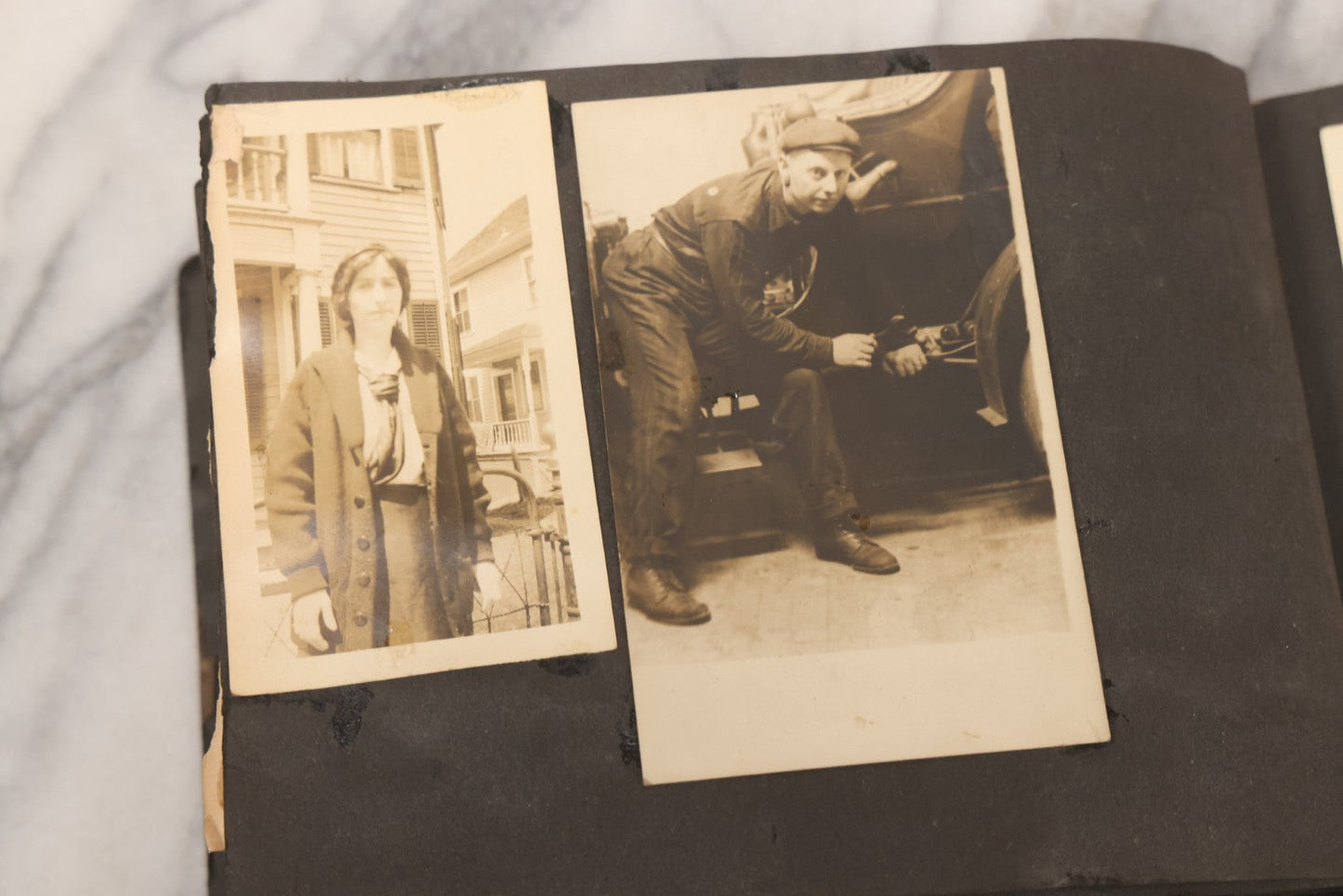 Lot 069 - Antique Snapshot Photograph Album With 100+ Images Circa 1920-1930 Including Beach Scenes In Period Swimwear, Cats And Kittens, Young Boy With American Flag, And Mechanic Working On Early Automobile