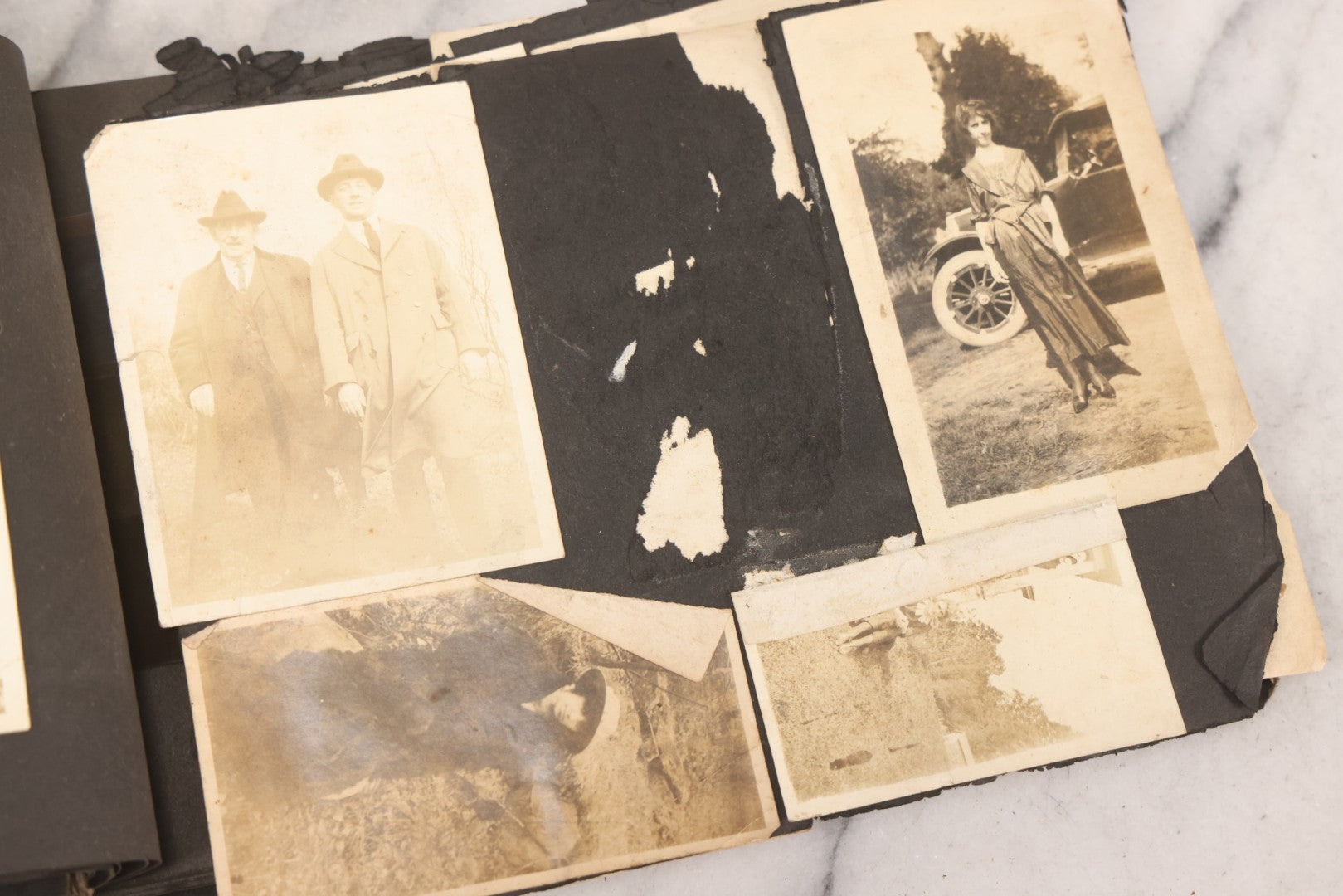 Lot 069 - Antique Snapshot Photograph Album With 100+ Images Circa 1920-1930 Including Beach Scenes In Period Swimwear, Cats And Kittens, Young Boy With American Flag, And Mechanic Working On Early Automobile