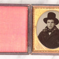 Lot 071 - Antique 1/6th Plate Ambrotype Photograph Of Young Man With Freckles Wearing Top Hat, In Full Leatherette Case, Photographed By S. F. Sterlin, Vermont