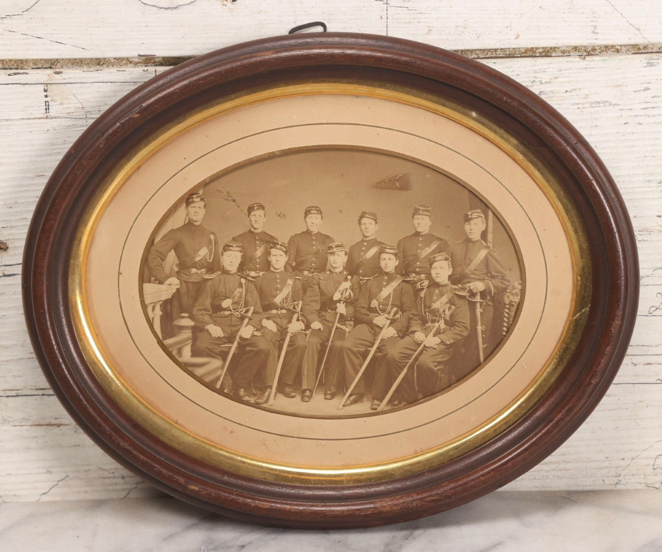 Lot 072 - Antique Civil War Albumen Photograph Of Union Cavalry Officers, Studio Group Portrait With Sabers, Circa Early 1860s In Original Oval Frame