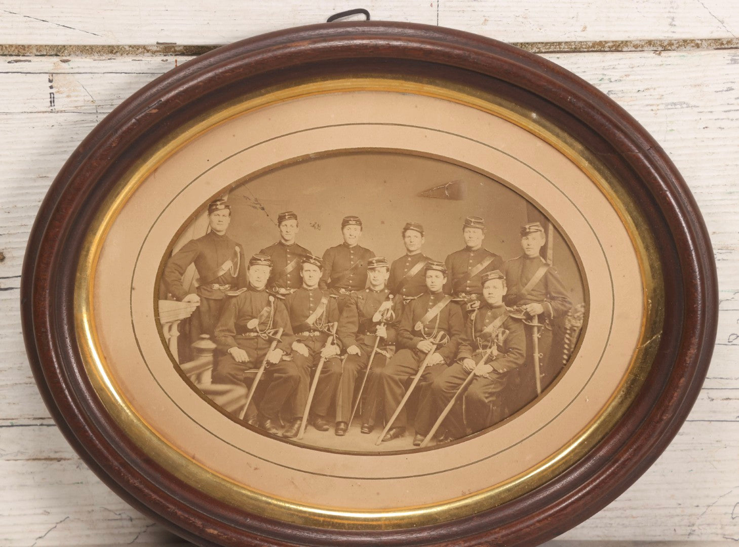 Lot 072 - Antique Civil War Albumen Photograph Of Union Cavalry Officers, Studio Group Portrait With Sabers, Circa Early 1860s In Original Oval Frame