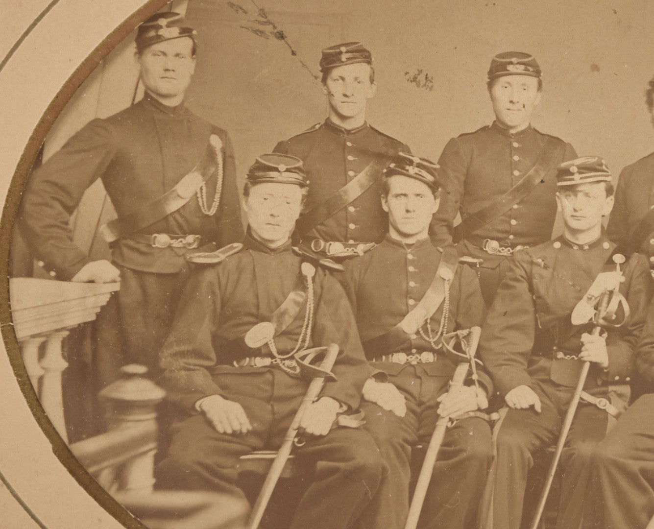 Lot 072 - Antique Civil War Albumen Photograph Of Union Cavalry Officers, Studio Group Portrait With Sabers, Circa Early 1860s In Original Oval Frame
