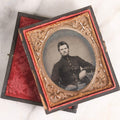 Lot 074 - Antique Civil War–Era Tintype Photograph Of Union Soldier, 1/6th Plate, In Full Split Leatherette Case With Ornate Gilt Mat