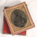 Lot 075 - Antique Civil War–Era Tintype Photograph Of Union Soldier, 1/6th Plate, In Full Split Leatherette Case, Poor Condition