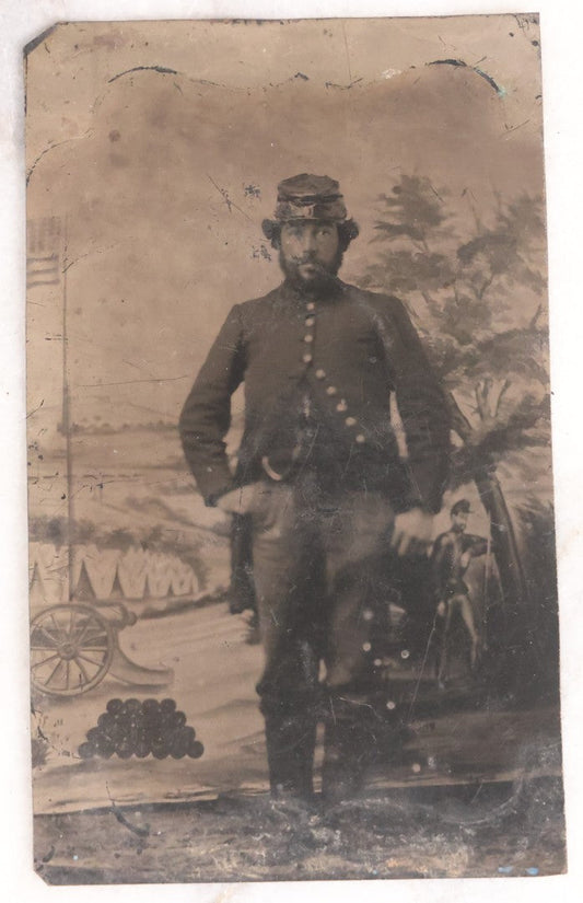 Lot 076 - Antique Civil War–Era Uncased Tintype Photograph Of Union Soldier, Full-Length Standing Portrait With Painted Military Backdrop, Circa 1860s