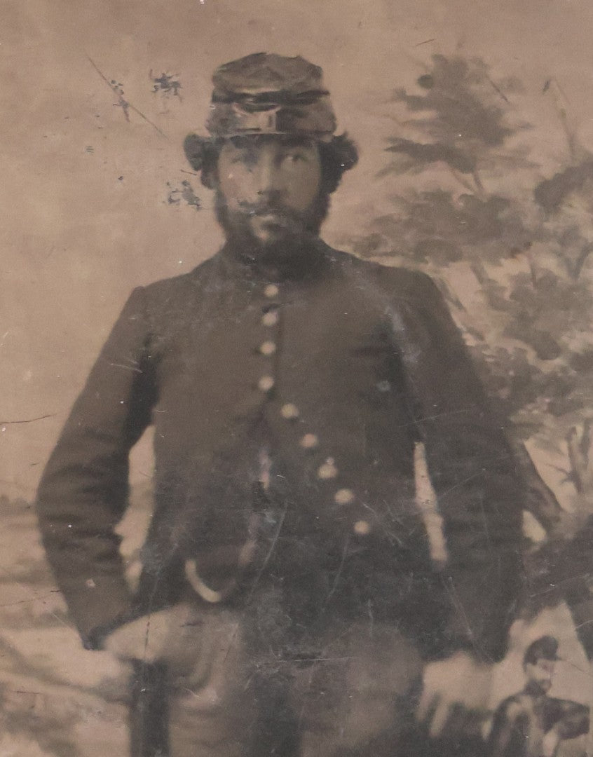 Lot 076 - Antique Civil War–Era Uncased Tintype Photograph Of Union Soldier, Full-Length Standing Portrait With Painted Military Backdrop, Circa 1860s