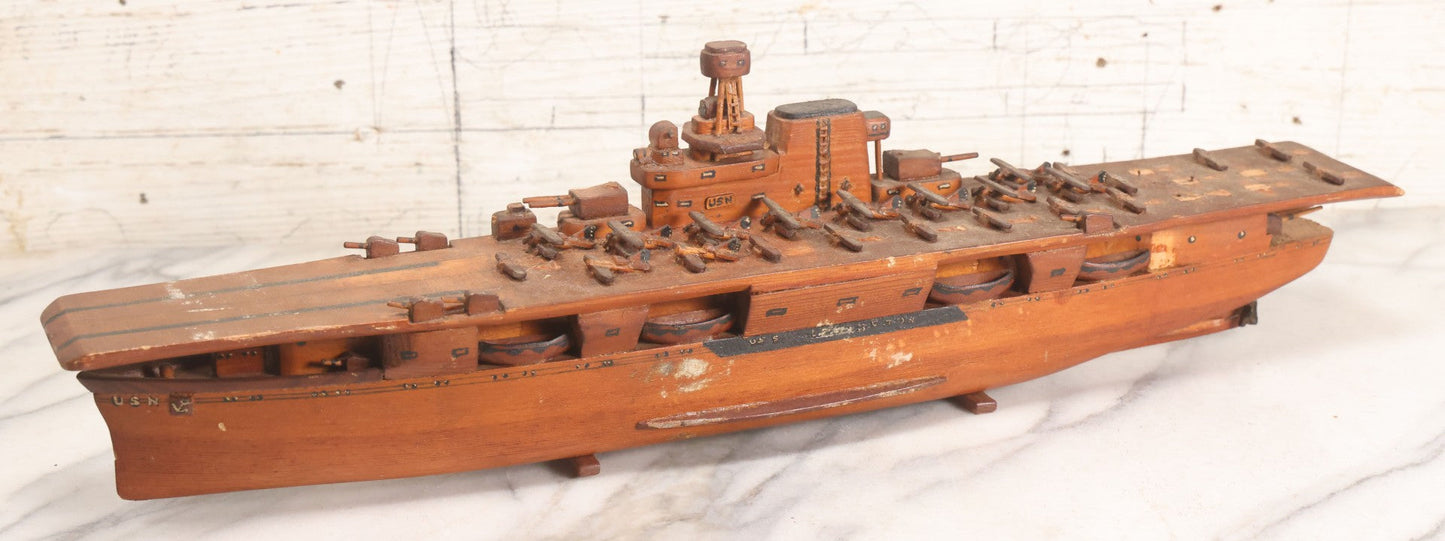 Lot 079 - Vintage WWII-Era Sailor-Made Folk Art Wooden Model Of Uss Lexington (Cv-2) Aircraft Carrier, As Found