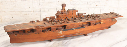 Lot 079 - Vintage WWII-Era Sailor-Made Folk Art Wooden Model Of Uss Lexington (Cv-2) Aircraft Carrier, As Found
