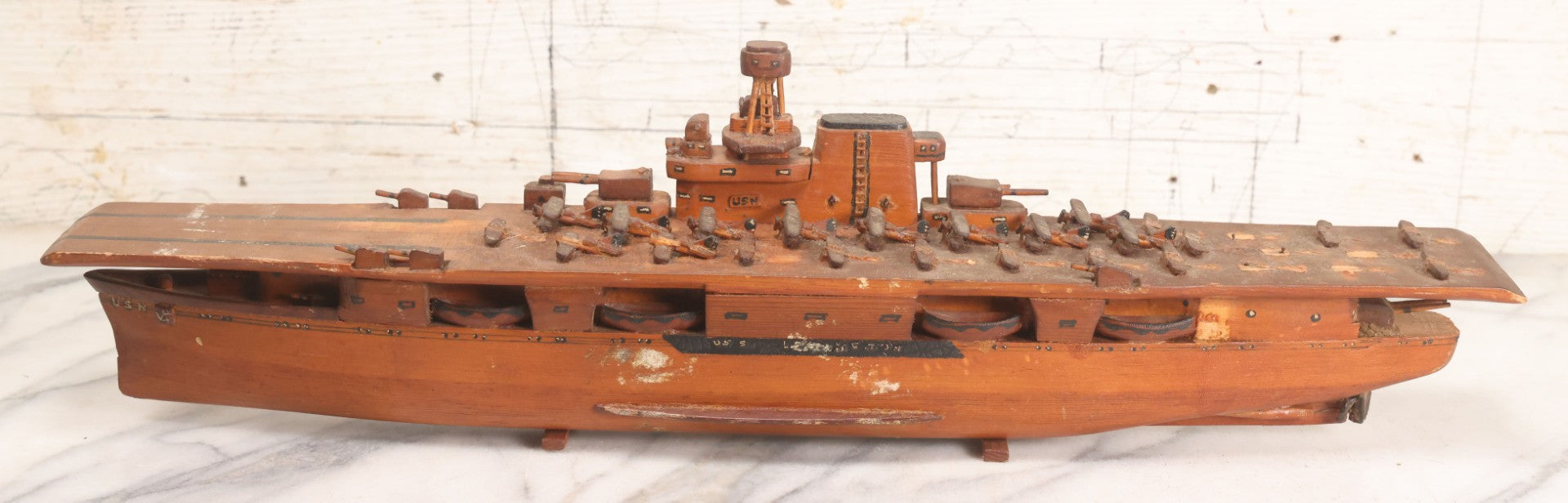 Lot 079 - Vintage WWII-Era Sailor-Made Folk Art Wooden Model Of Uss Lexington (Cv-2) Aircraft Carrier, As Found