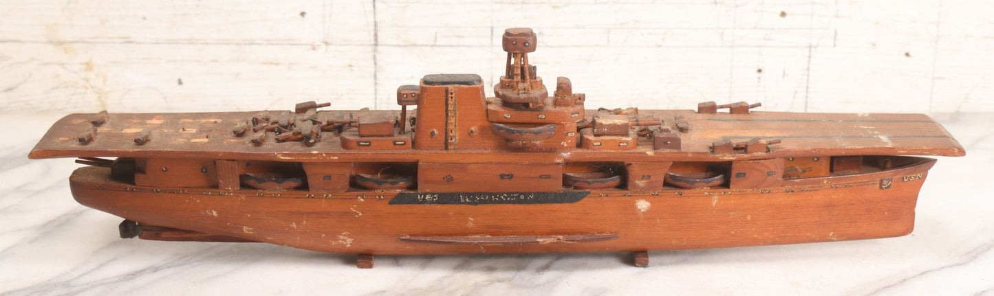Lot 079 - Vintage WWII-Era Sailor-Made Folk Art Wooden Model Of Uss Lexington (Cv-2) Aircraft Carrier, As Found