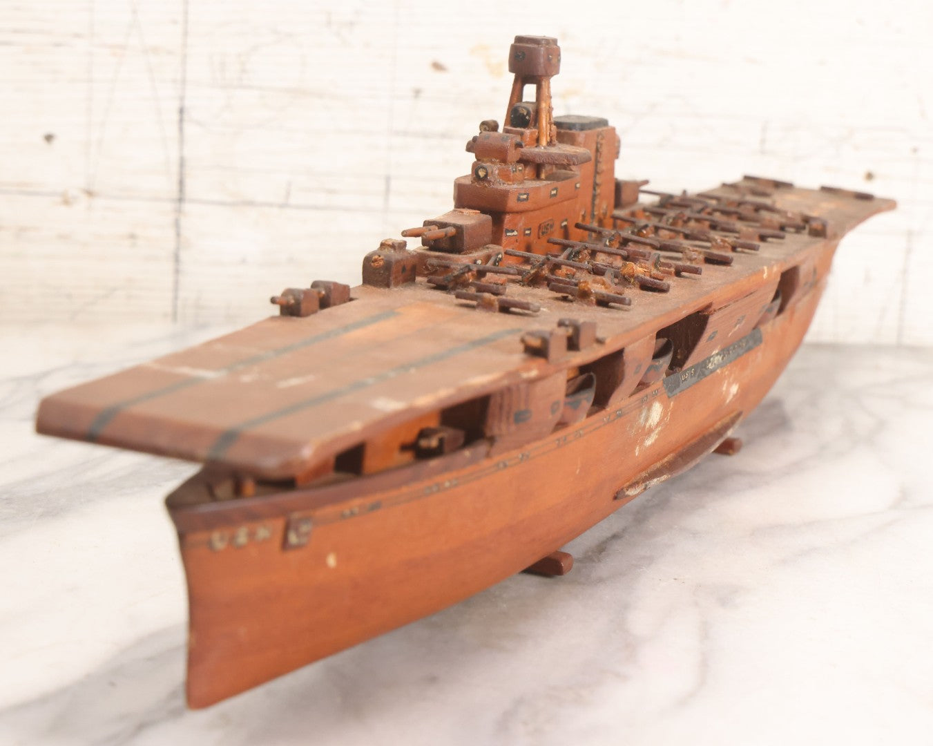 Lot 079 - Vintage WWII-Era Sailor-Made Folk Art Wooden Model Of Uss Lexington (Cv-2) Aircraft Carrier, As Found