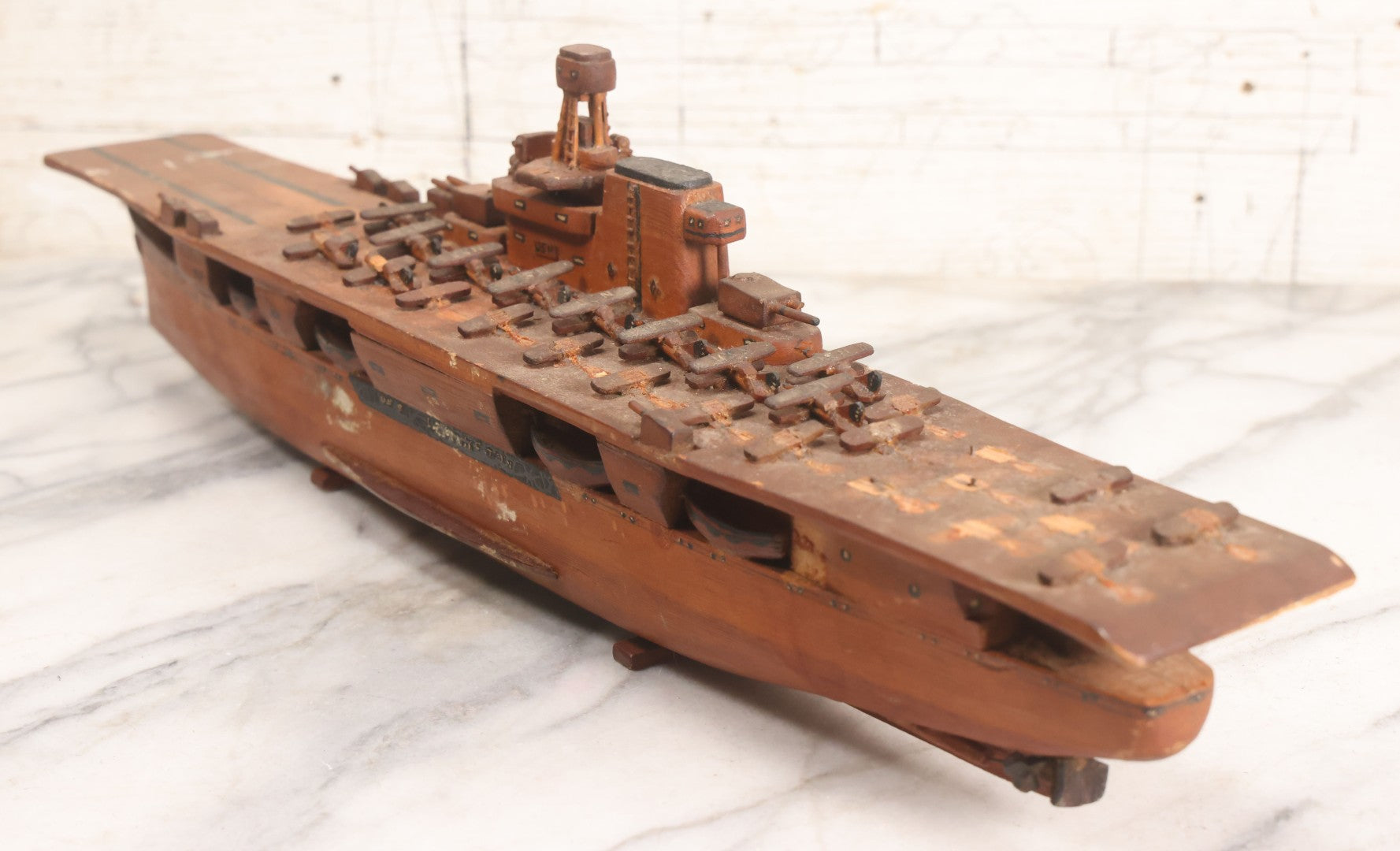 Lot 079 - Vintage WWII-Era Sailor-Made Folk Art Wooden Model Of Uss Lexington (Cv-2) Aircraft Carrier, As Found