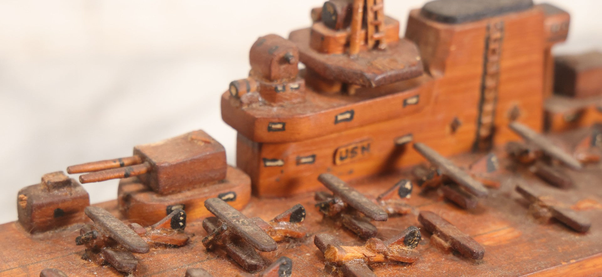 Lot 079 - Vintage WWII-Era Sailor-Made Folk Art Wooden Model Of Uss Lexington (Cv-2) Aircraft Carrier, As Found