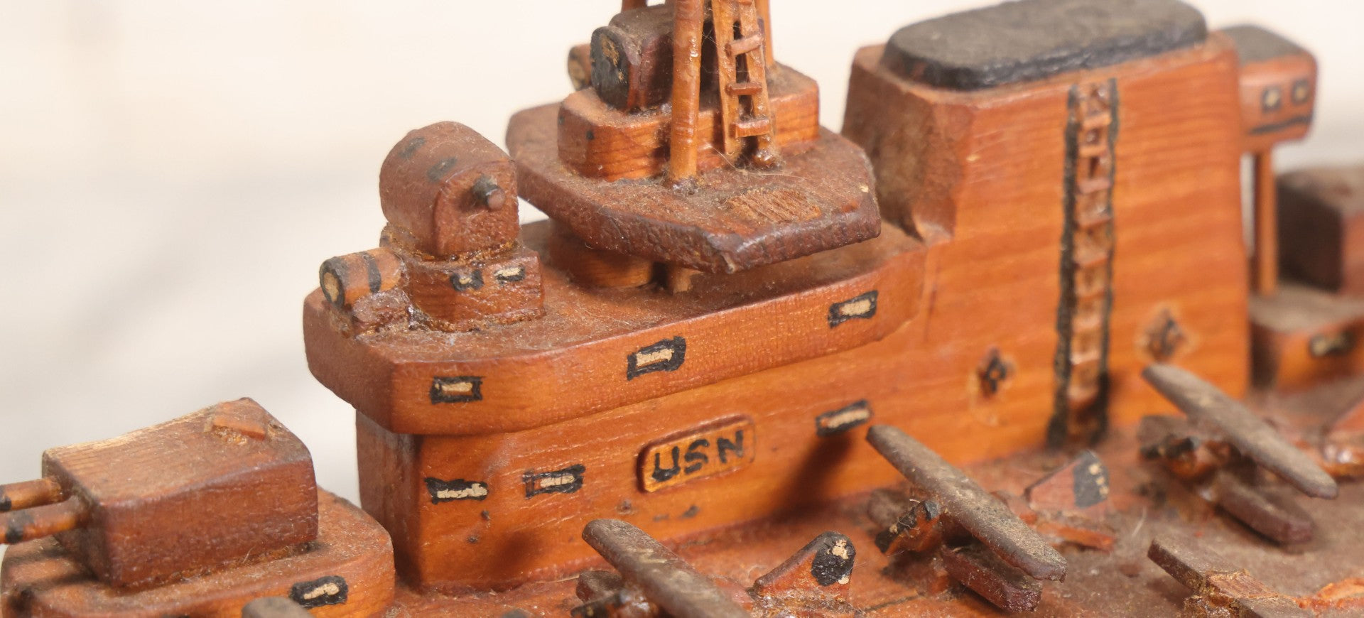 Lot 079 - Vintage WWII-Era Sailor-Made Folk Art Wooden Model Of Uss Lexington (Cv-2) Aircraft Carrier, As Found