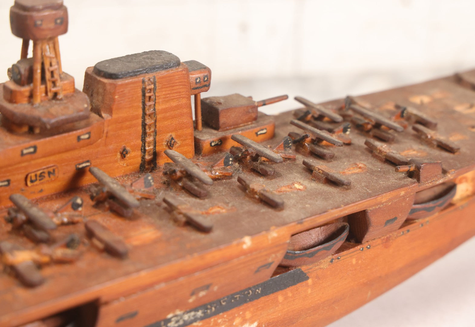 Lot 079 - Vintage WWII-Era Sailor-Made Folk Art Wooden Model Of Uss Lexington (Cv-2) Aircraft Carrier, As Found
