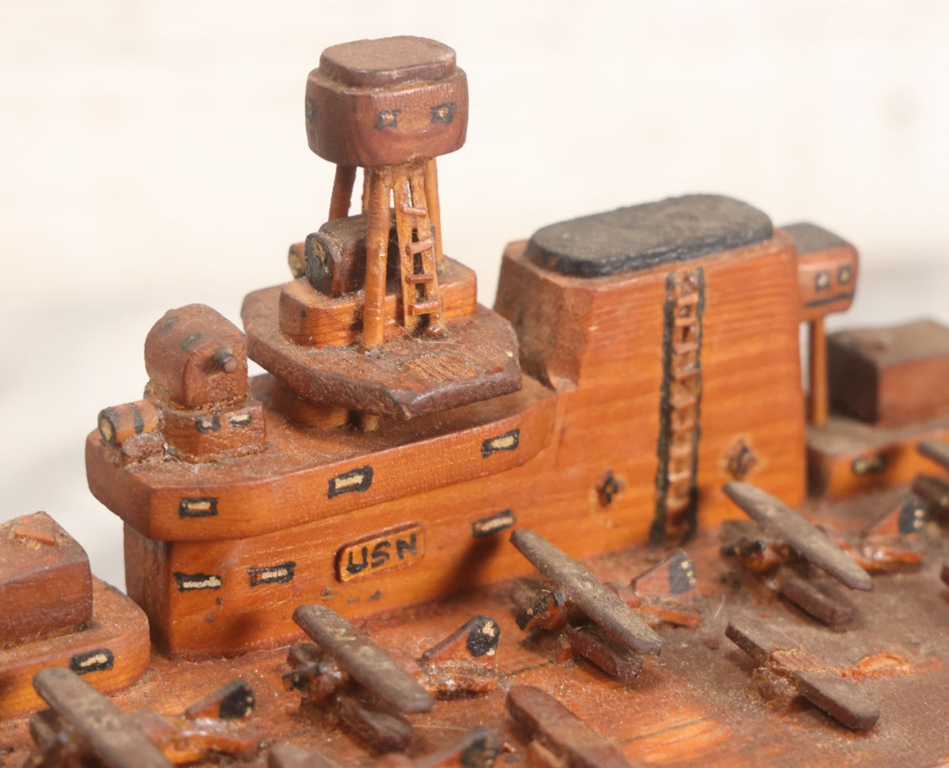 Lot 079 - Vintage WWII-Era Sailor-Made Folk Art Wooden Model Of Uss Lexington (Cv-2) Aircraft Carrier, As Found