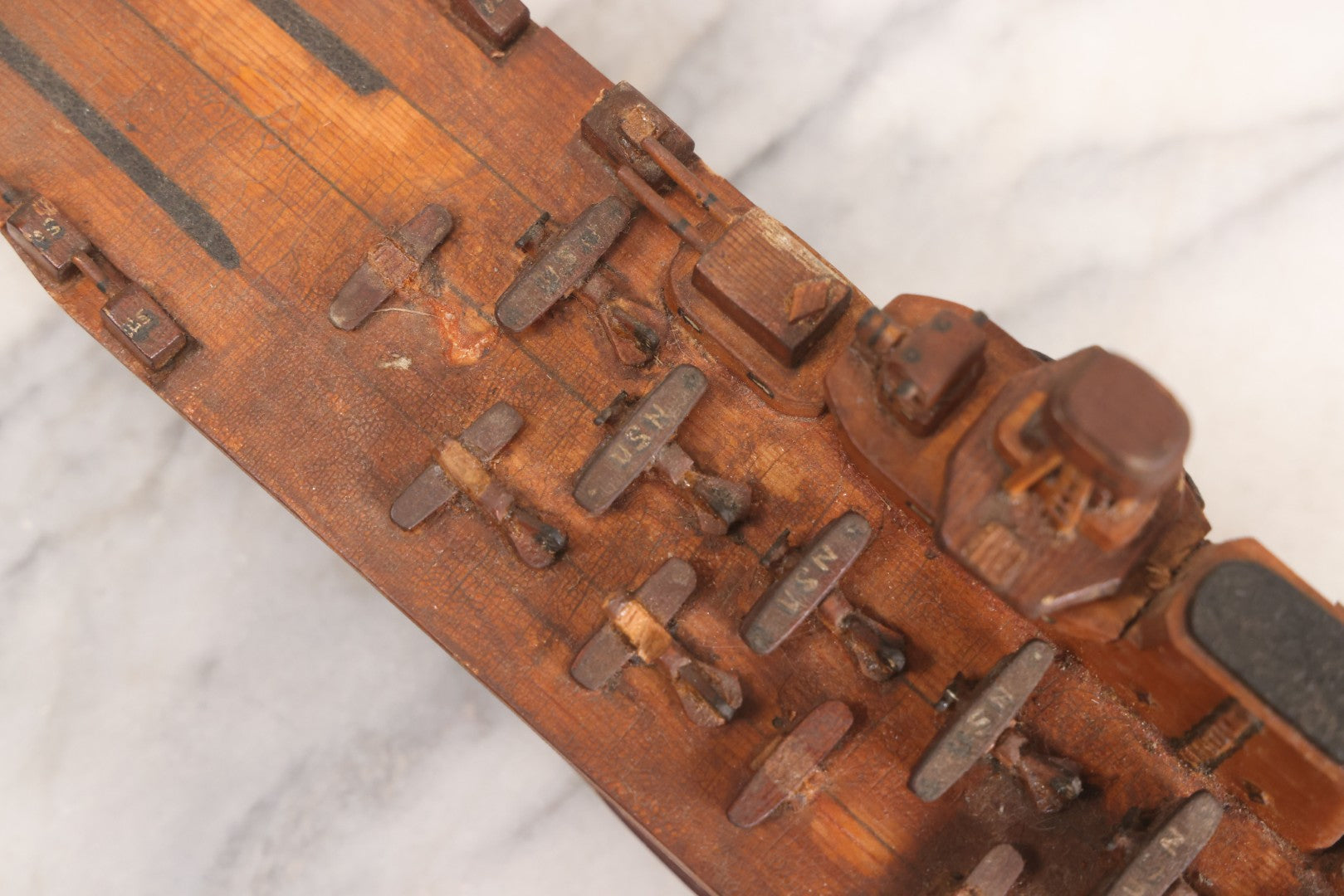 Lot 079 - Vintage WWII-Era Sailor-Made Folk Art Wooden Model Of Uss Lexington (Cv-2) Aircraft Carrier, As Found