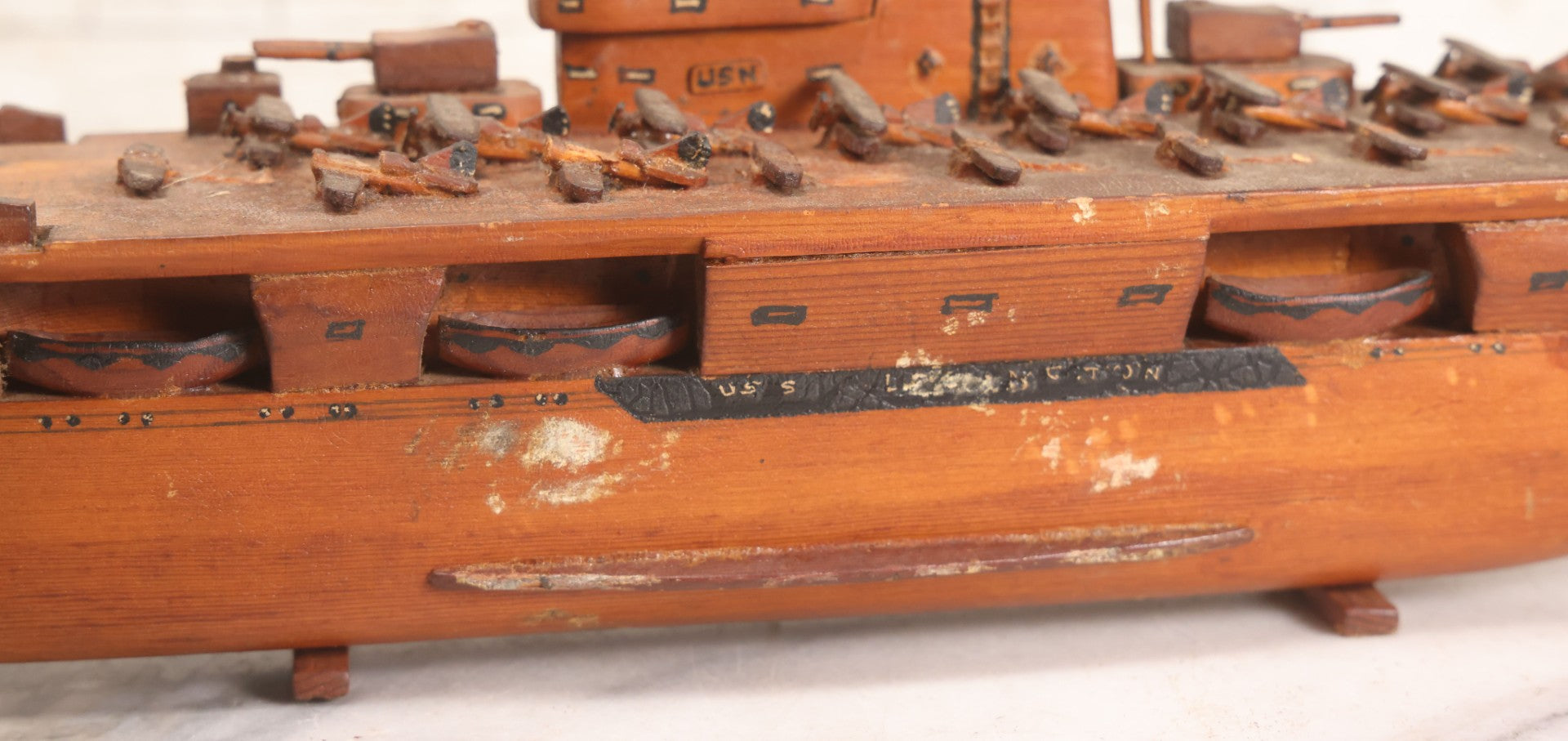 Lot 079 - Vintage WWII-Era Sailor-Made Folk Art Wooden Model Of Uss Lexington (Cv-2) Aircraft Carrier, As Found