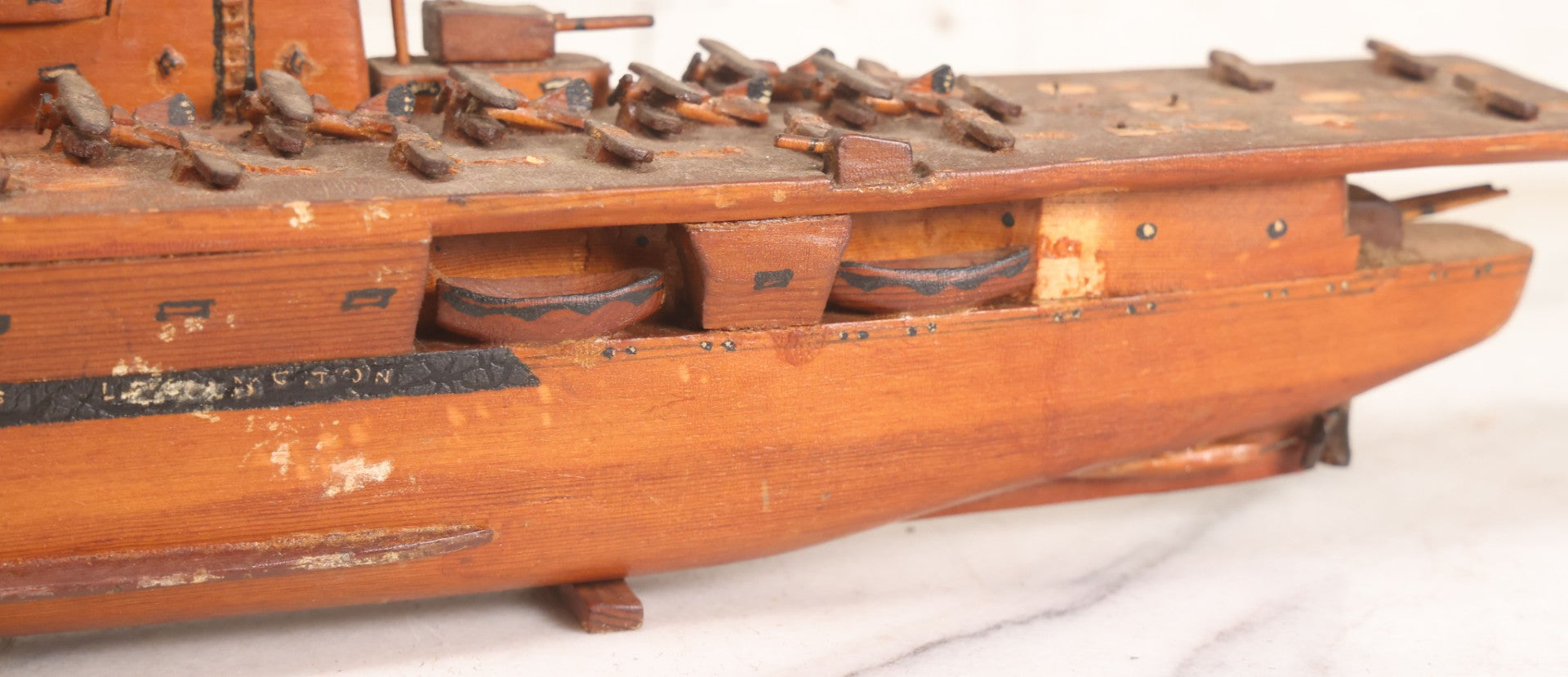 Lot 079 - Vintage WWII-Era Sailor-Made Folk Art Wooden Model Of Uss Lexington (Cv-2) Aircraft Carrier, As Found
