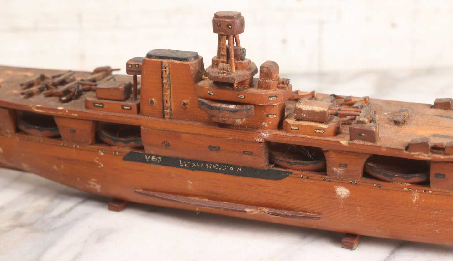 Lot 079 - Vintage WWII-Era Sailor-Made Folk Art Wooden Model Of Uss Lexington (Cv-2) Aircraft Carrier, As Found