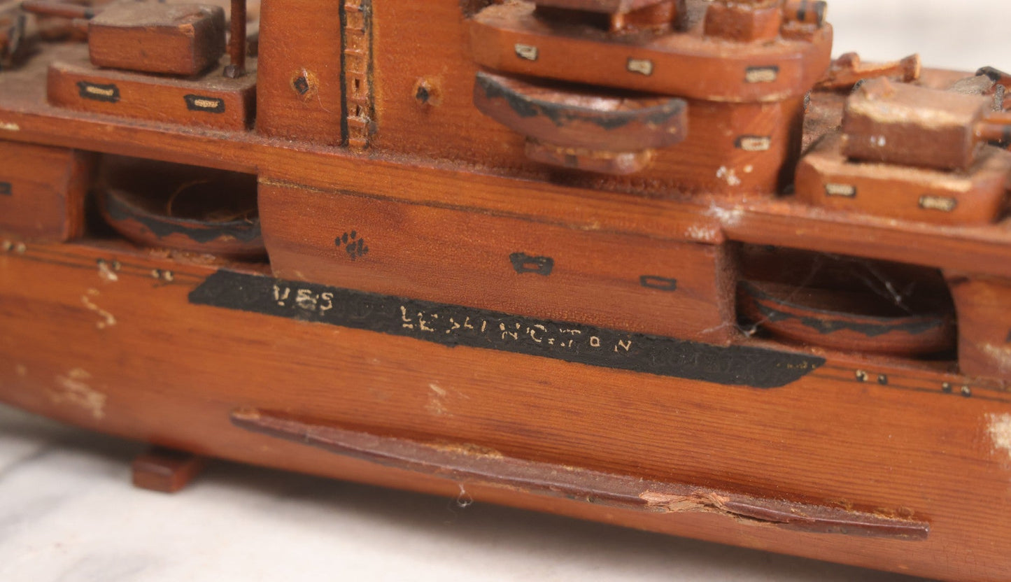 Lot 079 - Vintage WWII-Era Sailor-Made Folk Art Wooden Model Of Uss Lexington (Cv-2) Aircraft Carrier, As Found