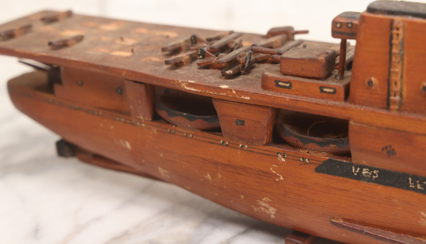 Lot 079 - Vintage WWII-Era Sailor-Made Folk Art Wooden Model Of Uss Lexington (Cv-2) Aircraft Carrier, As Found