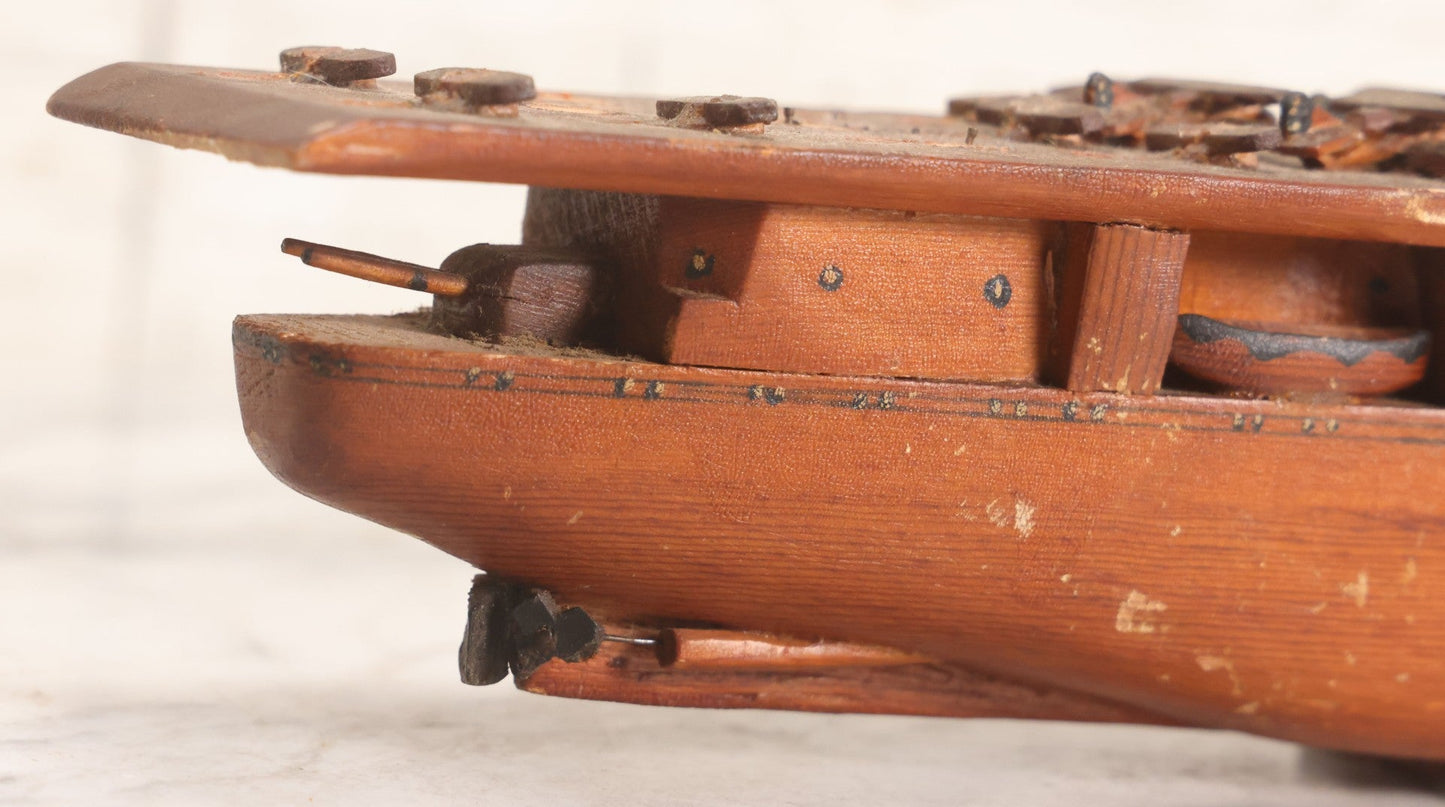 Lot 079 - Vintage WWII-Era Sailor-Made Folk Art Wooden Model Of Uss Lexington (Cv-2) Aircraft Carrier, As Found