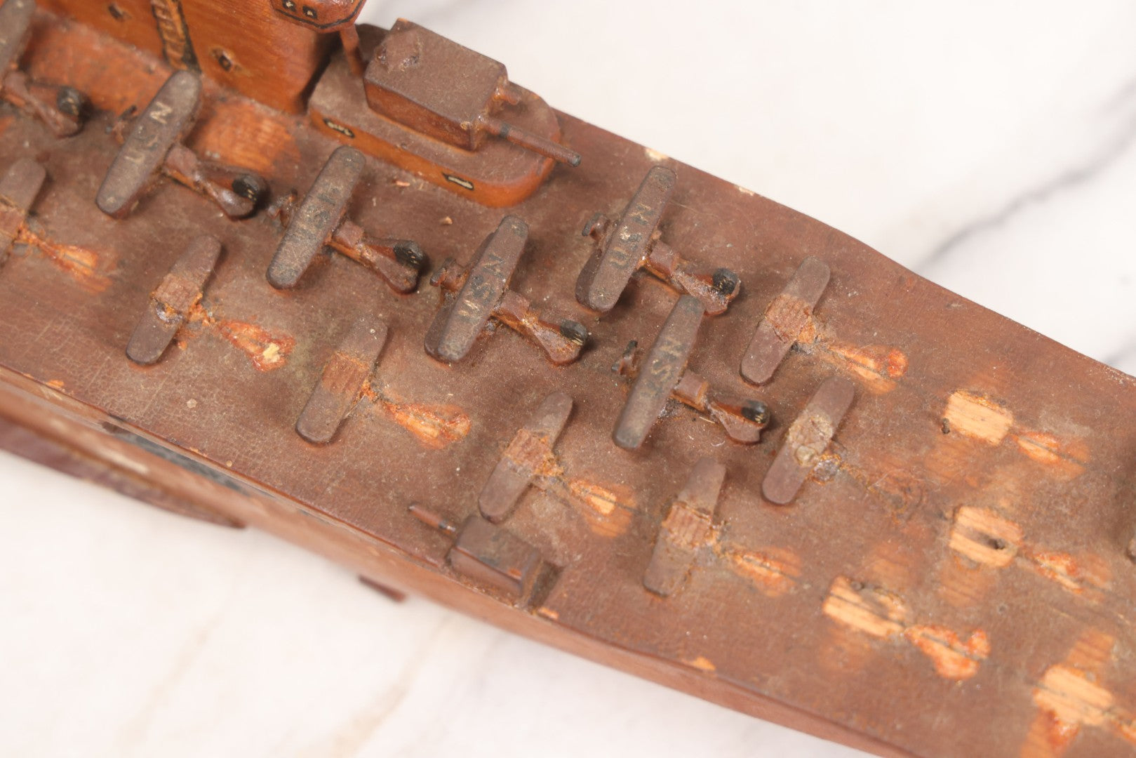 Lot 079 - Vintage WWII-Era Sailor-Made Folk Art Wooden Model Of Uss Lexington (Cv-2) Aircraft Carrier, As Found