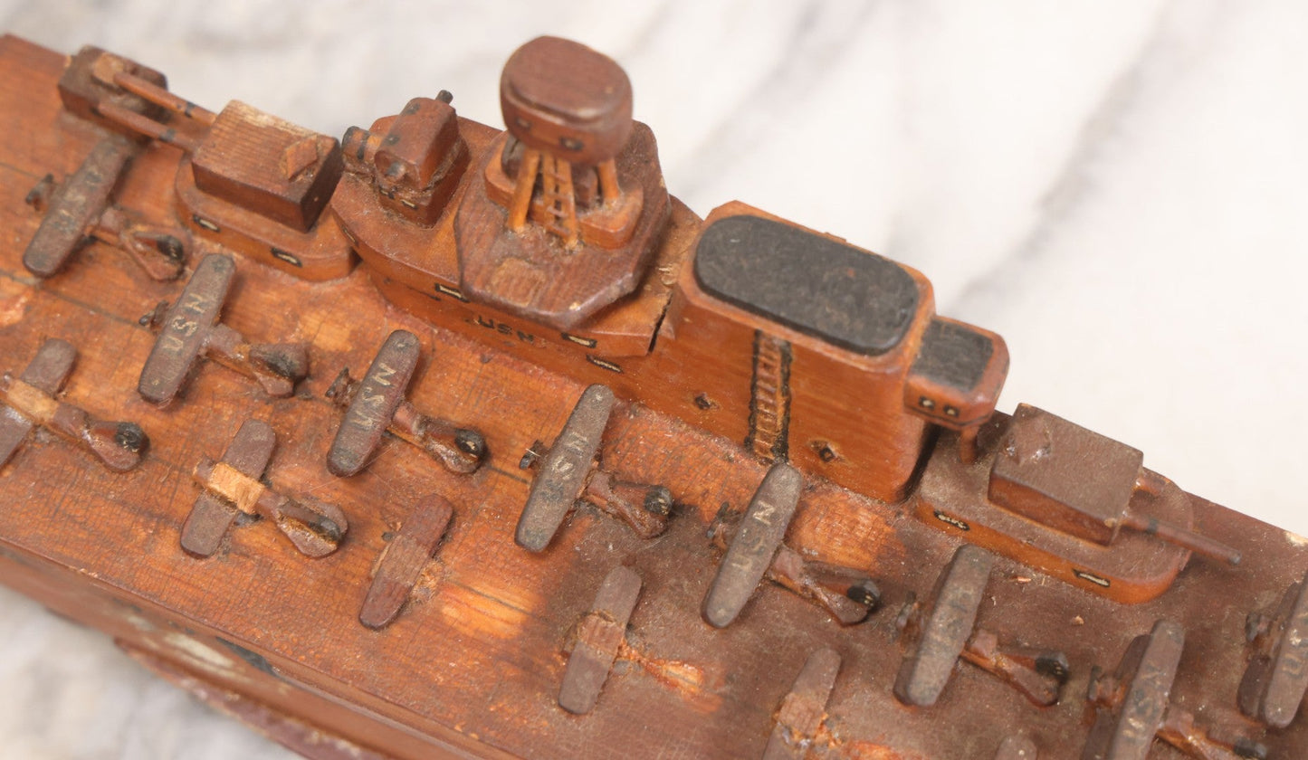 Lot 079 - Vintage WWII-Era Sailor-Made Folk Art Wooden Model Of Uss Lexington (Cv-2) Aircraft Carrier, As Found