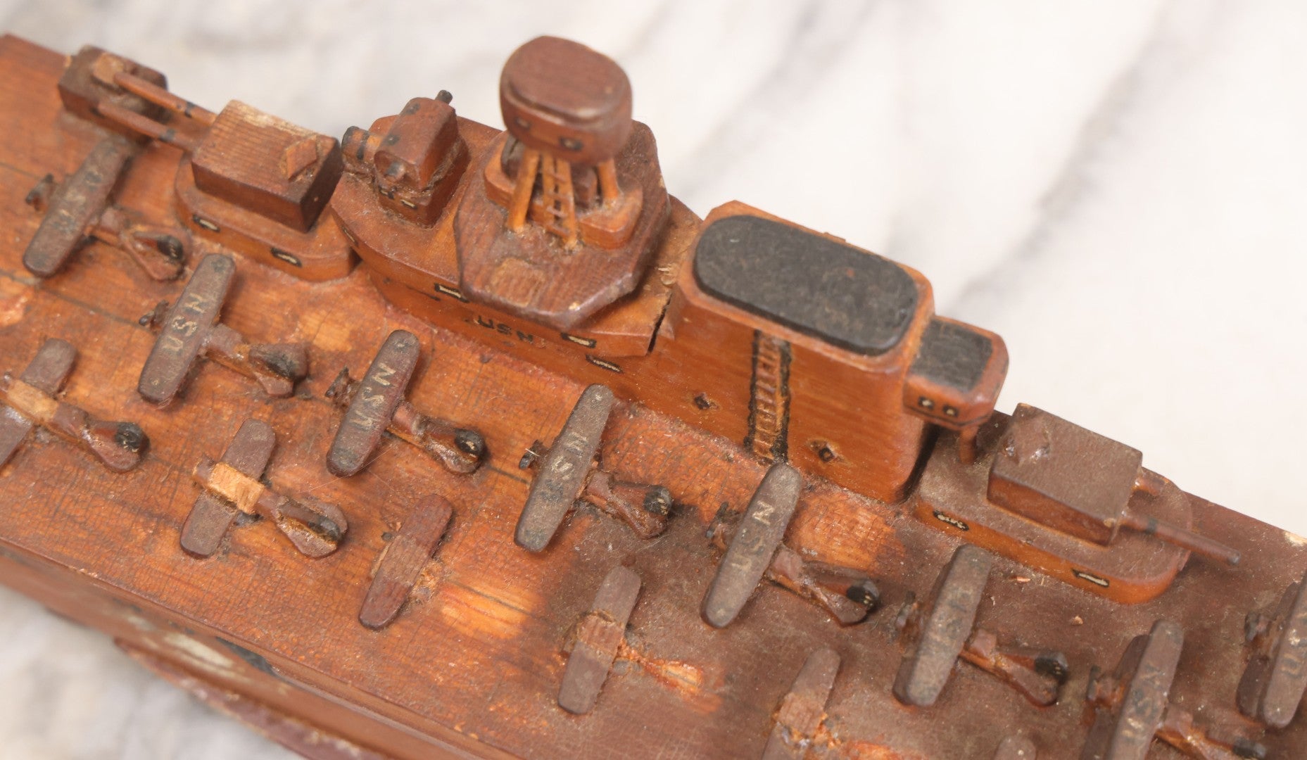 Lot 079 - Vintage WWII-Era Sailor-Made Folk Art Wooden Model Of Uss Lexington (Cv-2) Aircraft Carrier, As Found