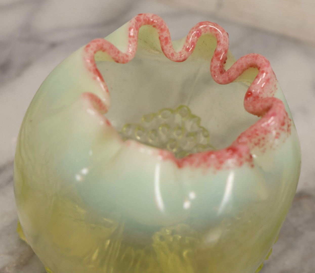 Lot 080 - Antique Jefferson Glass Fancy Fantail Opalescent Uranium (Vaseline) Glass Footed Rose Bowl, Circa 1900–1910