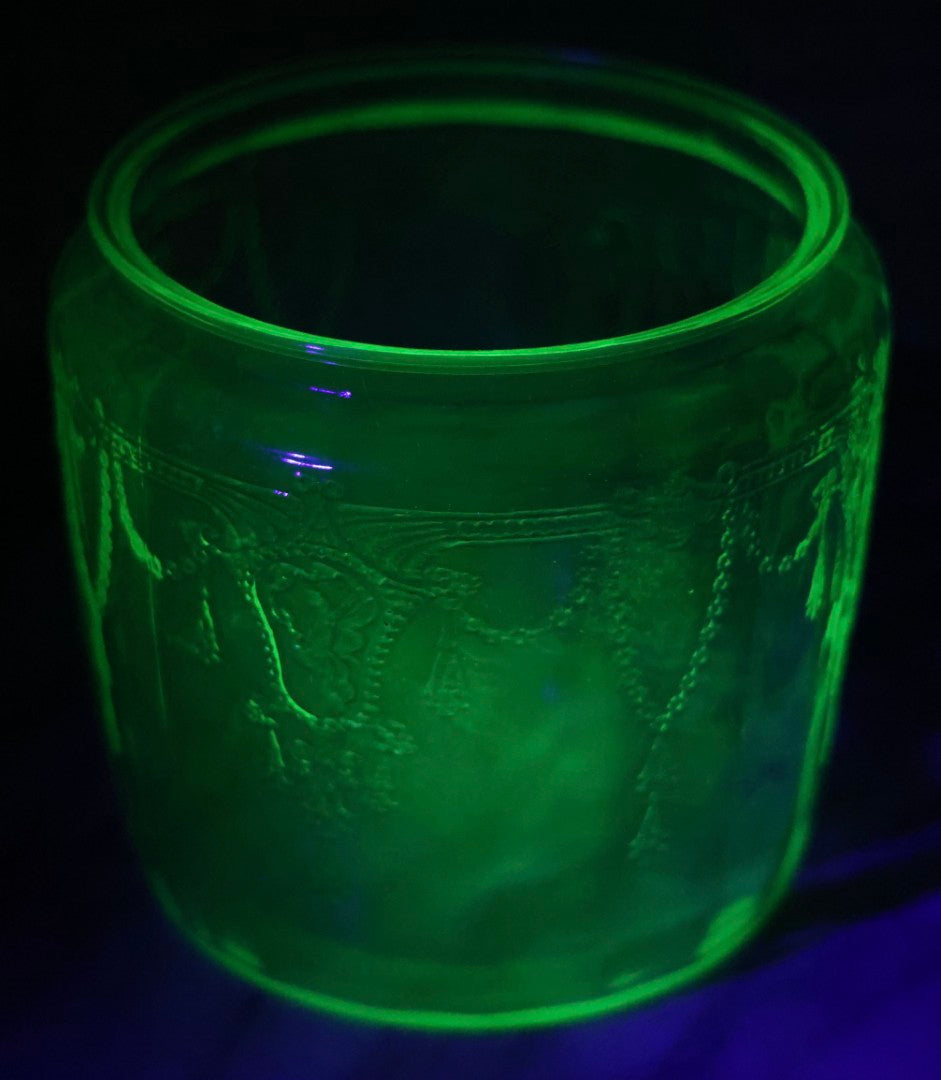 Lot 081 - Vintage Hocking Glass Green Depression Glass “Cameo / Ballerina” Biscuit Jar, Uranium Glass, No Lid, Circa 1930s