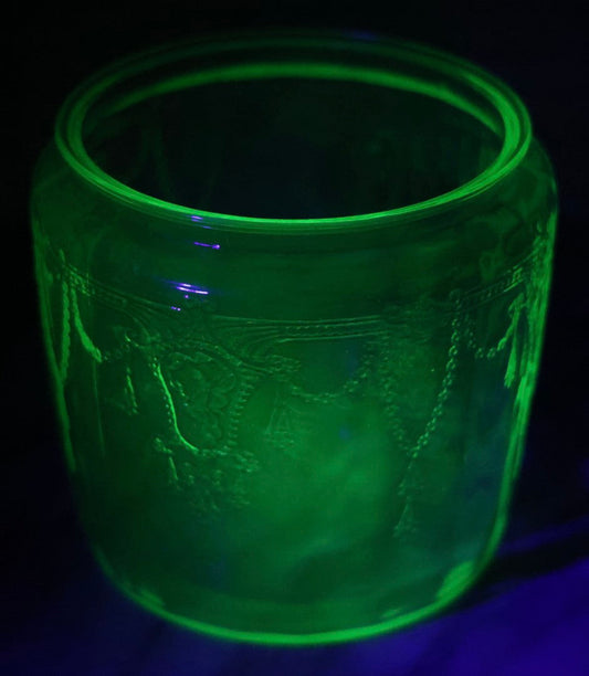 Lot 081 - Vintage Hocking Glass Green Depression Glass “Cameo / Ballerina” Biscuit Jar, Uranium Glass, No Lid, Circa 1930s
