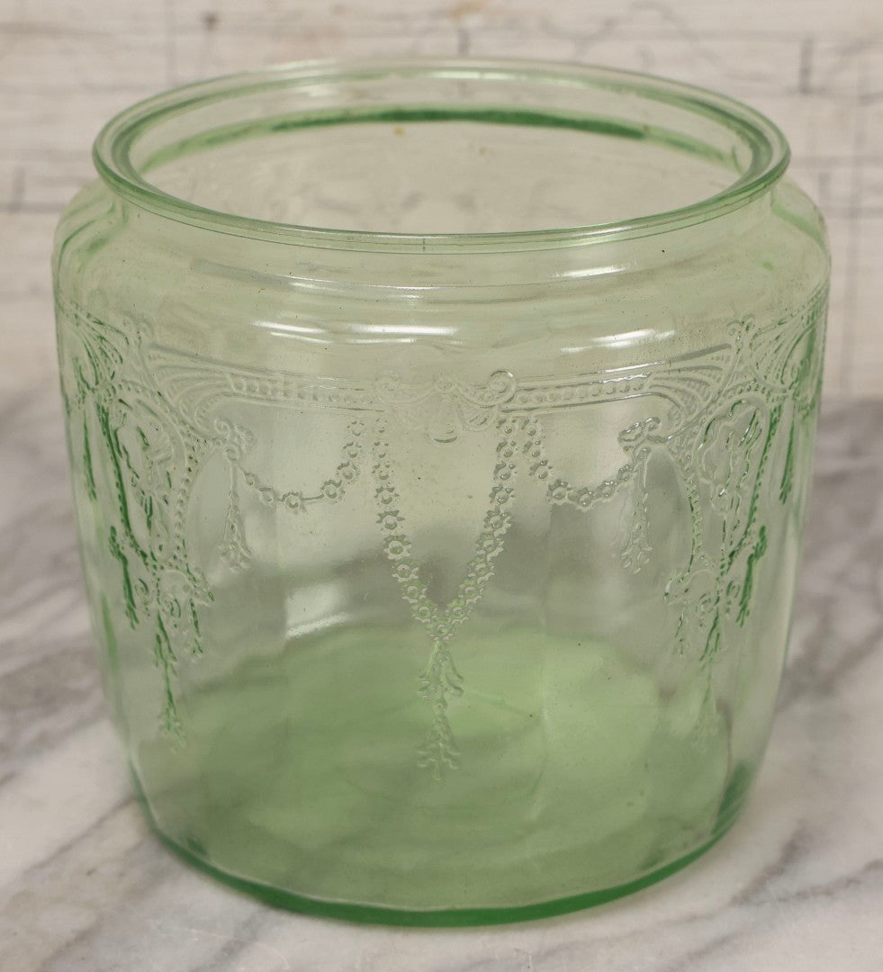 Lot 081 - Vintage Hocking Glass Green Depression Glass “Cameo / Ballerina” Biscuit Jar, Uranium Glass, No Lid, Circa 1930s