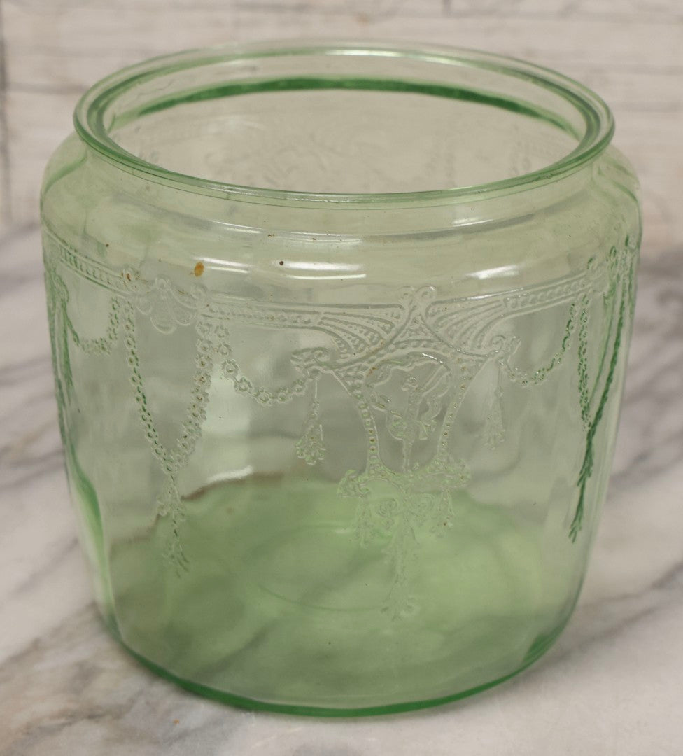 Lot 081 - Vintage Hocking Glass Green Depression Glass “Cameo / Ballerina” Biscuit Jar, Uranium Glass, No Lid, Circa 1930s