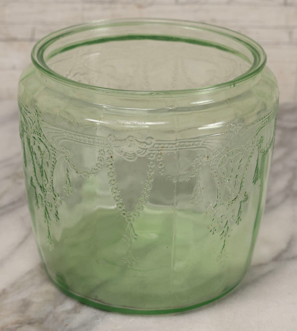 Lot 081 - Vintage Hocking Glass Green Depression Glass “Cameo / Ballerina” Biscuit Jar, Uranium Glass, No Lid, Circa 1930s