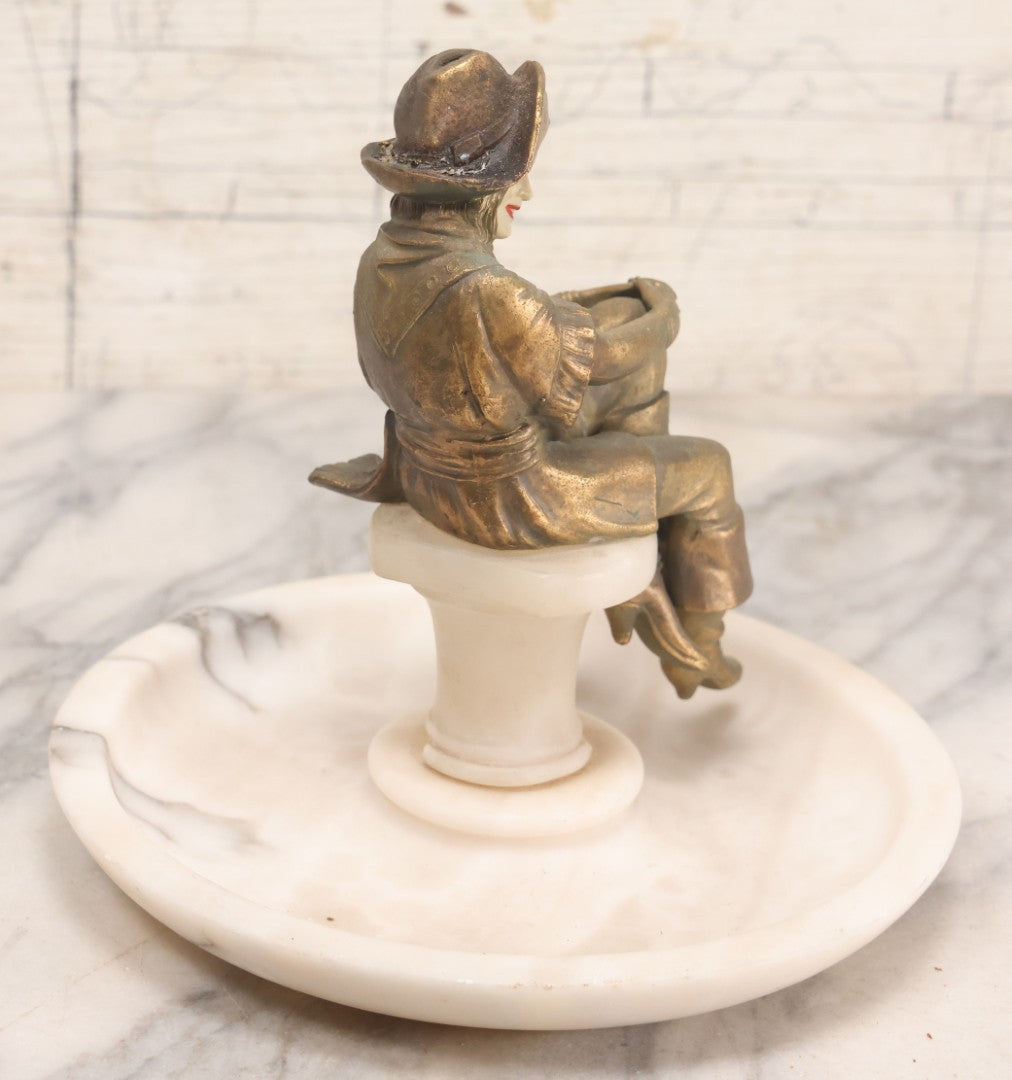 Lot 082 - Antique Alabaster Ashtray With Metal Female Pirate Figure Seated On Pedestal, Note Loss To Pedestal Base, Loosening Bolt