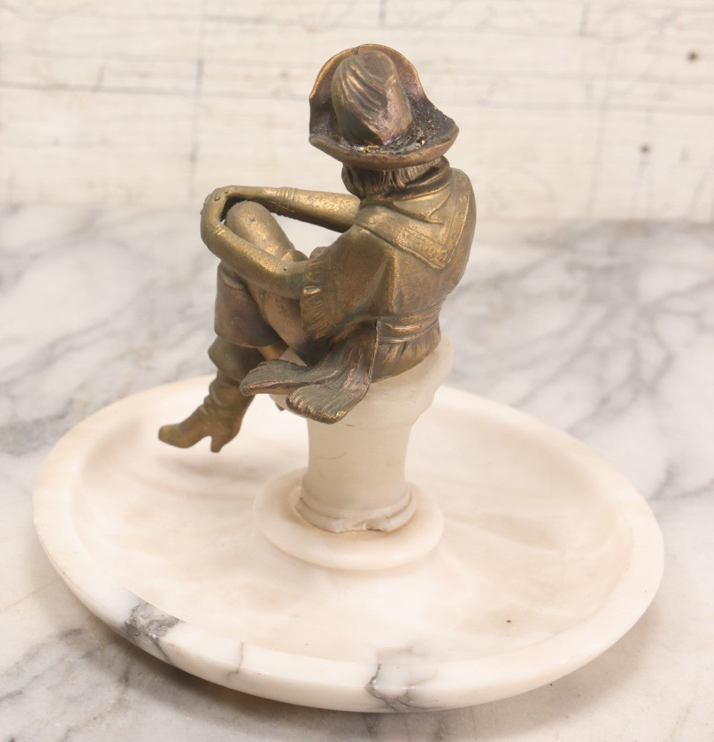 Lot 082 - Antique Alabaster Ashtray With Metal Female Pirate Figure Seated On Pedestal, Note Loss To Pedestal Base, Loosening Bolt