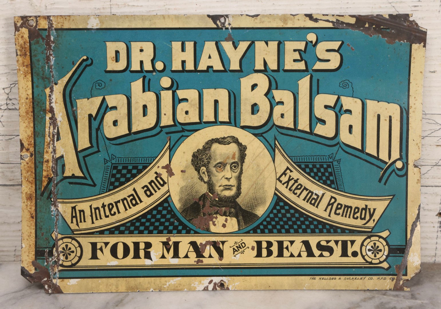 Lot 083 - Antique Dr. Hayne's Arabian Balsam Tin Lithograph Tacker Sign, "For Man And Beast," By Kellogg & Bulkeley Co., Early 20th Century